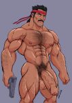  1boy abs arm_hair bara black_hair chest_hair closed_mouth commentary commission completely_nude dogaron english_commentary facial_hair foreskin forge_(x-men) girthy_penis gun hairy headband highres holding holding_gun holding_weapon huge_penis large_pectorals leg_hair looking_at_viewer male_focus male_pubic_hair marvel muscular muscular_male mustache navel nipples nude pectorals penis pubic_hair red_headband simple_background solo stubble testicles twitter_username variant_set veins weapon x-men 