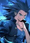  1boy black_hair black_jacket blood blood_from_mouth blue_eyes blue_shirt bruise bruise_on_face closed_mouth commentary final_fantasy final_fantasy_vii final_fantasy_vii:_ever_crisis gakuran injury jacket male_focus medium_hair mochi_mangaka official_alternate_costume open_clothes open_jacket school_uniform shirt signature solo spiked_hair twitter_username upper_body zack_fair zack_fair_(midgard_seventh_high_school) 