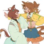  2girls absurdres agnes_tachyon_(tach-nology)_(umamusume) agnes_tachyon_(umamusume) ahoge animal_ears animal_print bandeau bea_lenoir black_bandeau black_necktie blue_sky blush bow braid breasts brown_hair closed_mouth commentary cowboy_shot ear_ornament earrings eye_contact from_side half_up_half_down_braid highres horse_ears horse_girl horse_tail huge_ahoge jacket jewelry jungle_pocket_(champion's_battle_cry)_(umamusume) jungle_pocket_(umamusume) kabedon lab_coat leopard_print long_sleeves looking_at_another looking_at_viewer medium_hair multiple_girls navel necktie short_necktie simple_background single_earring skirt sky sleeves_past_fingers sleeves_past_wrists small_breasts smile stomach suspender_skirt suspenders tail tail_through_clothes test_tube umamusume untranslatable_commentary v-shaped_eyebrows white_background yellow_bow yellow_jacket 