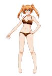  1girl absurdres blue_eyes blush bra breasts brown_bra brown_panties closed_mouth collarbone commentary_request frilled_bra frilled_panties frills full_body hand_on_own_hip highres long_hair looking_at_viewer lyrical_nanoha mahou_shoujo_lyrical_nanoha_strikers medium_breasts navel orange_hair oshimaru026 panties simple_background smile solo standing teana_lanster twintails underwear white_background 