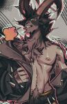  1boy absurdres animal_ears annoyed biceps billy_(deadlock) black_fur black_jacket blush bracelet clenched_teeth commentary deadlock_(game) elliboon english_commentary furry furry_male goat_boy goat_ears goat_horns highres horns jacket jewelry looking_at_viewer male_focus navel navel_piercing nipple_piercing nipples piercing puff_of_air spiked_bracelet spikes teeth toned toned_male undressing 