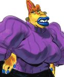  anthro big_breasts big_teeth blue_lips blue_nails bottomwear breasts clothing colored_nails dinosaur drawing dyna_soar ear_piercing ear_ring female fin frown goldie_(brachiosass) green_eyes hands_on_hips head_crest head_fin hi_res jewelry lips mature_female nails narrowed_eyes obese obese_female overweight overweight_female piercing purple_clothing purple_sweater purple_topwear reptile sassy scales scalie sketch skirt solo sweater thick_lips topwear turtleneck_sweater yellow_body yellow_scales 