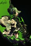  1girl absurdres black_dress black_hair black_rock_shooter dead_master demon_girl demon_horns dress green_eyes high_heels highres holding holding_scythe holding_weapon horns looking_at_viewer lunyria scythe short_hair_with_long_locks solo weapon 