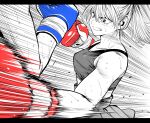  1girl 1other blue_gloves boxing boxing_gloves breasts commentary_request eyebrows_hidden_by_hair flying_sweatdrops gloves greyscale high_ponytail highres lee_(dragon_garou) letterboxed medium_breasts midriff monochrome motion_lines mouth_guard original pleated_skirt ponytail punching red_gloves serious skirt speed_lines sports_bra spot_color sweat v-shaped_eyebrows 