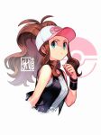  1girl baseball_cap black_vest blue_eyes brown_hair closed_mouth commentary english_commentary hat high_ponytail highres hilda_(pokemon) looking_to_the_side pentagram pink_hat poke_ball_background poke_ball_print pokemon pokemon_black_and_white ponytail simple_background skaggshood solo tank_top two-tone_hat upper_body vest watermark white_background white_hat white_tank_top wristband 