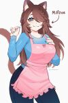  1girl :3 absurdres aegyo_sal animal_ears apron arrow_(symbol) blue_eyes blue_nails blue_shirt blush braid brown_hair cat_ears cat_girl cat_tail commentary cowboy_shot denim english_commentary hair_over_one_eye highres indie_virtual_youtuber jeans long_hair long_sleeves nail_polish pants pink_apron shirt smile standing tail virtual_youtuber whimzee whimzee_(vtuber) white_background 