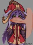  blush bodily_fluids duo female genital_fluids genitals hair hi_res holding_penis human league_of_legends lulu_(lol) male male/female mammal oniiyanna penis penis_awe penis_on_face precum purple_hair riot_games short_stack video_games yordle 