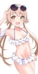  1girl :d bikini blue_archive blush breasts brown_hair choppy_bangs cleavage collarbone commentary_request cowboy_shot eyewear_on_head hifumi_(blue_archive) hifumi_(swimsuit)_(blue_archive) long_hair looking_at_viewer low_twintails missing_halo navel official_alternate_costume open_mouth ramkilog round_eyewear ruffle_bikini simple_background small_breasts smile solo stomach sunglasses swimsuit twintails white_background white_bikini yellow_eyes 