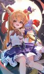  1girl blonde_hair blush bow breasts chain commentary_request cuffs dongyang_kissoml fang full_moon gourd hair_between_eyes hair_bow highres holding holding_gourd horn_ornament horn_ribbon horns ibuki_suika long_hair looking_at_viewer moon multicolored_skirt night open_mouth purple_ribbon purple_skirt red_bow ribbon shirt sideless_shirt sitting skin_fang skirt sleeveless sleeveless_shirt small_breasts smile solo touhou white_shirt yellow_eyes 