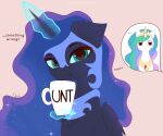 1_horn :< absurd_res blue_hair crown cutaway dialogue digital_drawing_(artwork) digital_media_(artwork) duo english_text equid equine eyelashes eyeshadow feathered_wings feathers female female_feral feral flat_colors friendship_is_magic fur glowing glowing_horn hair hasbro headgear hi_res highlights_(coloring) horn humor levitation magic makeup mammal monotone_background mouth_closed multicolored_hair my_little_pony mythological_creature mythological_equine mythology nightmare_moon_(mlp) nnalyart pink_background princess_celestia_(mlp) princess_luna_(mlp) profanity purple_body purple_eyes purple_eyeshadow purple_highlights purple_horn purple_wings quadruped sibling_(lore) simple_background sister_(lore) sisters_(lore) sparkles sparkling_hair speech_bubble spiral_horn teal_eyes text tiara unimpressed white_body white_fur winged_unicorn wings