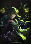  1girl black_dress black_hair black_rock_shooter dead_master demon_girl demon_horns dress green_eyes highres horns looking_at_viewer lunaticmoon123 short_hair_with_long_locks solo 