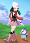  1girl :d beanie black_hair black_shirt black_socks boots cloud commentary dawn_(pokemon) day grass hair_ornament hairclip hat highres kneehighs knees long_hair looking_down open_mouth outdoors path pink_boots pink_skirt piplup pokemon pokemon_(creature) pokemon_diamond/pearl/platinum poketch red_scarf scarf shirt sidelocks silverstars136 skirt sky sleeveless sleeveless_shirt smile socks standing watch white_hat wristwatch 