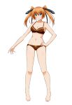  1girl absurdres blue_eyes blush bra breasts brown_bra brown_panties closed_mouth collarbone commentary_request frilled_bra frilled_panties frills full_body hair_ribbon hand_on_own_hip highres long_hair looking_at_viewer lyrical_nanoha mahou_shoujo_lyrical_nanoha_strikers medium_breasts navel orange_hair oshimaru026 panties ribbon simple_background smile solo standing teana_lanster twintails underwear white_background 