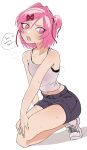  1girl :d absurdres anger_vein averting_eyes bare_shoulders black_shorts black_sports_bra blush bob_cut bra bra_peek breasts casual collarbone commentary cropped_shirt doki_doki_literature_club english_commentary english_text exspiravitbag fang full_body furrowed_brow hair_intakes hair_ornament hair_ribbon hand_on_ground hand_on_own_leg highres hot kneeling looking_to_the_side midriff natsuki_(doki_doki_literature_club) navel pink_eyes pink_hair red_ribbon ribbon shadow shoes short_hair short_shorts shorts simple_background slit_pupils small_breasts smile sneakers solo speech_bubble spoken_anger_vein sports_bra steam steaming_body sweat swept_bangs tank_top two_side_up underwear very_sweaty white_background white_shoes white_tank_top x_hair_ornament 