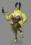 absurd_res amphibian anthro big_breasts big_butt big_muscles big_pecs blush breasts bunny_costume butt clothing costume digital_media_(artwork) fake_ears fake_rabbit_ears femboy fishnet_clothing frog glistening glistening_body glistening_latex green_body hi_res huge_pecs latex latex_clothing legwear male mammal muscular muscular_anthro muscular_male pecs simple_background solo sugar_king thick_thighs thigh_highs wide_hips