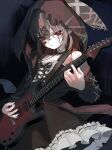  1girl animal_hood artist_name bandaid bandaid_on_face bare_shoulders black_dress black_hair choker colored_inner_hair cross-laced_clothes cross-laced_dress dress frilled_dress frills gauze_on_arm gothic_lolita grey_hair guitar hair_ornament highres holding holding_guitar holding_instrument hood instrument jacket karaoke_manekineko lolita_fashion long_sleeves mahou_shoujo_no_majo_saiban multicolored_hair official_alternate_costume open_clothes open_jacket rabbit_hood red_eyes red_nails shito_alisa short_hair signature solo stitched_face stitches tentan_(10tan_a) upper_body white_choker white_dress x_hair_ornament 
