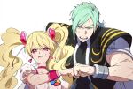  1boy 1girl anime_coloring asymmetrical_sidelocks black_jacket cape choker commentary_request cure_peach dirty dirty_face earrings fist_bump fresh_precure! frown green_eyes green_hair hair_ornament heart heart_earrings heart_hair_ornament jacket jewelry medium_hair momozono_love pink_eyes precure puffy_short_sleeves puffy_sleeves shirt short_sleeves sidelocks sukehige twintails upper_body wavy_hair wester_(precure) white_cape white_shirt wristband 