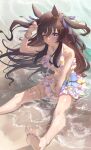  1girl animal_ears bare_shoulders barefoot beruu bikini blush breasts brown_hair closed_mouth commentary_request feet floral_print floral_print_bikini frilled_bikini frills hair_between_eyes hair_ornament heart heart_hair_ornament highres horse_ears horse_girl horse_tail jewelry long_hair looking_at_viewer medium_breasts mole mole_under_eye necklace official_alternate_costume official_alternate_hairstyle one_eye_closed outdoors pink_bikini print_bikini ruffle_bikini sitting smile soles solo star_(symbol) star_necklace swimsuit tail toes umamusume vivlos_(eclat_d'ete)_(umamusume) vivlos_(umamusume) water 