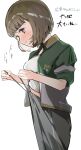  1girl blush bob_cut breasts brown_hair collared_jacket commentary_request cowboy_shot drawstring drawstring_pull green_jacket grey_pants highres inverted_bob jacket kachimachi_kosuzu kachimachi_kosuzu_(winter_training_wear) llb love_live! love_live!_hasu_no_sora_jogakuin_school_idol_club medium_breasts midriff_peek open_clothes open_jacket pants pink_eyes shirt short_hair simple_background sleeves_pushed_up solo virtual_youtuber white_background white_shirt 