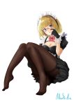  1girl absurdres artist_name black_dress black_gloves blonde_hair blue_eyes blunt_bangs blush bow bowtie breasts brown_pantyhose cleavage cleavage_cutout clothing_cutout commentary convenient_leg dress feet frilled_dress frills full_body furrowed_brow glasses gloves hand_on_own_thigh hand_up highres index_finger_raised knees_together_feet_apart knees_up large_breasts legs looking_at_viewer maid maid_headdress medium_hair no_shoes open_mouth original pantyhose pleated_dress puffy_short_sleeves puffy_sleeves red-framed_eyewear red_bow red_bowtie scratching_cheek semi-rimless_eyewear short_dress short_sleeves simple_background sitting smile solo straight_hair thighband_pantyhose thighs tiptoes toes white_background white_wrist_cuffs wrist_cuffs wstmlisa 