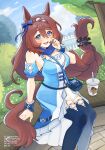  1girl animal_ears arm_support blue_bow blue_dress blue_eyes blue_scarf blue_sky blue_thighhighs blush bow braid breasts brown_hair brown_tail commentary cup day disposable_cup dress ear_bow english_commentary hair_between_eyes highres horse_ears horse_girl horse_tail large_breasts long_hair looking_at_viewer low-braided_long_hair low-tied_long_hair multicolored_hair open_mouth outdoors scarf shibedraws sitting sky sleeveless sleeveless_dress smile solo streaked_hair super_creek_(murmuring_stream)_(umamusume) super_creek_(umamusume) tail thighhighs umamusume watermark white_dress white_streaks wrist_wrap 