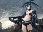  1girl absurdres bikini bikini_top_only black_bikini black_hair black_jacket black_rock_shooter black_rock_shooter_(character) black_rock_shooter_fragment black_shorts blue_eyes breasts breasts_apart chain closed_mouth cloud cloudy_sky commentary_request cowboy_shot flaming_eye grey_sky hai_binggan highres holding holding_weapon jacket long_hair looking_at_viewer medium_breasts navel open_clothes open_jacket outdoors short_shorts shorts sky solo sun swimsuit twintails weapon 