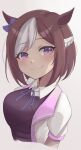  1girl animal_ears blue_bow blush bow braid breasts brown_hair closed_mouth commentary_request cropped_torso ear_bow highres horse_ears horse_girl jacket large_breasts looking_at_viewer multicolored_hair open_clothes open_jacket purple_eyes purple_ribbon purple_shirt ramkilog ribbon shirt short_hair short_sleeves simple_background smile solo special_week_(special_dreamer)_(umamusume) special_week_(umamusume) split_mouth swept_bangs two-tone_hair umamusume white_hair white_jacket 