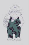  1other arm_hair barefoot beard blush drawfee drawtectives dwarf facial_hair fat full_body grendan_highforge looking_at_viewer male_focus messy_hair one_eye_closed pillow sketch smile solo standing tmblyeet 