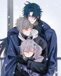  1girl 2boys :< alternate_costume artist_name black_scarf black_sweater blade_(honkai:_star_rail) blue_coat blue_hair blurry blurry_background blush caelus_(honkai:_star_rail) closed_eyes closed_mouth coat cold crossed_bangs day drill_hair drill_ponytail earclip earrings english_commentary floating_hair grey_hair hair_between_eyes hair_over_one_eye hair_ribbon hand_up high_ponytail highres honkai:_star_rail honkai_(series) hug hug_from_behind jacket jewelry lapels long_hair long_sleeves moyamayoi multiple_boys open_clothes open_coat outdoors ponytail purple_jacket purple_ribbon railing ribbon scarf short_hair sidelocks silver_wolf_(honkai:_star_rail) single_earring sky snowing steam sweater trailblazer_(honkai:_star_rail) turtleneck turtleneck_sweater upper_body white_hood white_sky winter 