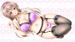  1girl :d ass_visible_through_thighs black_bow black_garter_belt black_thighhighs blunt_bangs blush bow bow_bra bow_panties bra breasts brown_hair cameltoe cleavage collarbone colored_eyelashes commentary_request dutch_angle eyes_visible_through_hair floral_print floral_print_thighhighs from_above fujimiya_yukari full_body garter_belt garter_straps hair_between_eyes hairband hand_on_own_chest hands_up heart heart_background highres indie_virtual_youtuber knees_up lace-trimmed_bra lace-trimmed_hairband lace_trim large_breasts lingerie long_hair lying navel no_shoes on_back open_mouth panties pink_background print_thighhighs purple_bra purple_hairband purple_panties red_eyes rose_print ryochapu simple_background smile solo stomach thigh_gap thighhighs thighs underwear very_long_hair virtual_youtuber 