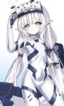  1girl adjusting_goggles battlesuit blue_archive blush bodysuit earclip halo head-mounted_display head-mounted_display_lift highres himari_(armed)_(blue_archive) himari_(blue_archive) impossible_bodysuit impossible_clothes langley1000 long_hair looking_at_viewer mole mole_under_eye multicolored_halo official_alternate_costume pointy_ears purple_eyes revision skin_tight smile solo two-tone_halo very_long_hair white_bodysuit white_hair white_halo 