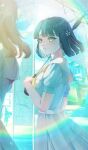  2girls absurdres black_hair bob_cut bus_stop commentary_request green_eyes grey_shirt grey_skirt highres holding holding_umbrella kanazawa_one-side_love looking_at_another love_live! love_live!_hasu_no_sora_jogakuin_school_idol_club mochi_tsu22 momose_ginko multiple_girls neckerchief rain shirt short_sleeves skirt umbrella yellow_neckerchief 