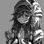  1girl bags_under_eyes bridal_gauntlets commentary_request fingernails granblue_fantasy greyscale hair_between_eyes highres hood hood_up hooded_robe lich_(granblue_fantasy) long_hair looking_at_viewer monochrome robe sharp_fingernails sharp_teeth smile solo teeth upper_body yucopi 