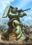  aircraft airplane bazooka_(gundam) borjarnon commentary_request company_name copyright_logo copyright_name copyright_notice day dust_cloud from_side gun gundam gundam_card_game holding holding_gun holding_weapon logo looking_at_viewer mecha mecha_focus mobile_suit mountainous_horizon no_humans official_art one-eyed_mecha outdoors red_eyes robot science_fiction shoulder_spikes sideways_glance spikes turn_a_gundam walking weapon youkoumori zaku_ii 