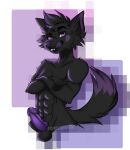 anthro balls black_body canid canine canis digital_media_(artwork) dominant dominant_male erection fayessa.sagefire fur genitals hair hi_res loki looking_at_viewer male mammal nude penis simple_background smile solo tongue wolf 