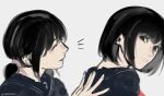  2girls ^_^ artist_name behind_another black_eyes black_hair black_sailor_collar black_shirt clenched_teeth closed_eyes commentary from_side grey_background hands_on_another's_back hands_up highres igarashi_sakuko ink_(inkypyon) looking_at_another looking_back low_twintails multiple_girls notice_lines parted_lips profile sailor_collar school_uniform serafuku shimizu_hinako shirt short_hair short_twintails sideways_glance silent_hill_(series) silent_hill_f simple_background smile teeth twintails twitter_username untranslatable_commentary 