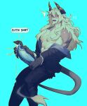  1boy abs alchemy_stars artist_name bara black_pants blue_background blue_shirt blush claws commentary cum daru808080 ejaculation english_commentary english_text erection fangs furry furry_male goat_horns goat_tail highres horns istvan_(alchemy_stars) looking_at_viewer male_focus multiple_scars muscular muscular_male nipples open_mouth pants pectorals penis scar scar_on_arm scar_on_chest scar_on_stomach shirt speech_bubble sweat tail twitter_username 
