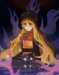  1girl black_dress black_hat black_sash black_sky blonde_hair chinese_clothes chromatic_aberration closed_mouth commentary_request crescent crescent_print dalachi_(headdress) dress energy full_body hair_between_eyes hat highres junko_(touhou) legacy_of_lunatic_kingdom long_hair long_sleeves looking_at_viewer mandarin_collar moon neck_ribbon night ocean outdoors phoenix_print pom_pom_(clothes) red_eyes red_moon red_tabard ribbon sash seiza silent_siren sitting sky smile solo star_(sky) starry_sky tabard tassel touhou very_long_hair wavy_hair wide_sleeves yellow_ribbon 
