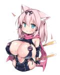  1girl animal_ears blush breasts cat_ears clenched_teeth commentary_request elbow_gloves fingerless_gloves gloves hair_ribbon highres huge_breasts indie_virtual_youtuber nekono_mikoto ninja pink_hair pubic_tattoo ribbon scarf simple_background solo tamase_tama tattoo teeth virtual_youtuber white_background 