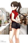  1girl apron artist_name ass bare_legs black_nails black_shorts blue_eyes blurry blurry_background blush breasts brown_apron brown_hair cat commentary_request emiya-san_chi_no_kyou_no_gohan eyelashes fate/stay_night fate_(series) fingernails from_behind highres housewife indoors kitchen long_hair looking_at_viewer looking_back medium_breasts nail_polish out_of_frame paid_reward_available parted_bangs ponytail red_shirt shirt short_shorts short_sleeves shorts simple_background small_breasts smile solo thighs tohsaka_rin twitter_username tying_apron xkzan 