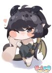  1boy 1girl absurdres bandaged_leg bandages black_eyes black_hair black_tunic breasts chibi commentary_request dragon_ears dragon_girl dragon_horns dragon_tail dragon_wings fewer_digits highres horns kidian_(trickcal) sleeveless small_breasts tail trickcal tunic two-tone_wings wings yuwano_(yuwanoonsen) 