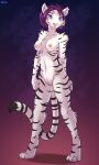  absurd_res anthro blue_eyes breasts chest_tuft digital_media_(artwork) ear_piercing ear_ring felid female genitals hair hand_on_hip hi_res looking_at_viewer mammal navel nipples pantherine piercing pose purple_hair pussy ruth66 shaded smile solo standing stripes tiger tuft white_body 