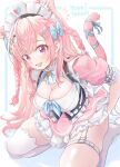  1girl ahoge animal_ears artist_name badge bell black_corset blue_bow blue_ribbon blush bow braid breasts button_badge cat_ears cat_girl cat_hair_ornament cat_tail cleavage commentary_request corset dress garter_straps hair_bow hair_ornament hairclip heart heart_in_eye heart_print highres indie_virtual_youtuber jingle_bell kirin_13 large_breasts long_hair looking_at_viewer maid maid_headdress neck_bell neck_ribbon open_mouth pink_dress pink_eyes pink_hair pink_tail ribbon seiza short_sleeves single_garter_strap single_sock single_thighhigh sitting smile socks solo star_(symbol) star_hair_ornament symbol_in_eye tail tail_ornament tail_ribbon thighhighs thighs two_side_up virtual_youtuber white_background white_dress white_garter_straps white_socks white_thighhighs yuuki_sakuna yuuki_sakuna_(3rd_costume) 