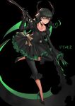  1girl absurdres black_dress black_hair black_rock_shooter commentary_request dead_master demon_girl demon_horns dress green_eyes high_heels highres holding holding_scythe holding_weapon horns looking_at_viewer scythe short_hair_with_long_locks solo steve_zheng weapon 