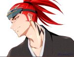  1boy abarai_renji black_kimono bleach closed_mouth commentary_request film_grain forehead_tattoo from_side frown goggles goggles_on_head grey_eyes high_ponytail japanese_clothes kimono long_hair male_focus neck_tattoo ponytail profile red_hair simple_background solo soraao0322 split_mouth tattoo tsurime twitter_username upper_body white_background 