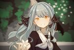  1girl absurdres alternate_hair_color artist_name bang_dream! bang_dream!_it's_mygo!!!!! black_ribbon black_shirt blunt_bangs blurry blurry_background braid brown_ribbon chinese_commentary commentary_request cupping_hand dated depth_of_field double-parted_bangs flower flower_request foliage grey_hair grey_neckerchief grin hair_ribbon highres holding holding_flower long_hair long_sleeves looking_at_viewer neckerchief orange_eyes outdoors procreate_(medium) ribbon sailor_collar school_uniform shirt smile solo striped_ribbon togawa_sakiko tsukinomori_school_uniform two-tone_ribbon two_side_up upper_body white_flower white_sailor_collar youmi_zzz 