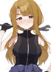  1girl :t anger_vein binsen black_gloves black_shirt blush breasts brown_eyes brown_hair closed_mouth commentary_request gloves half-closed_eyes highres holding holding_wrench idolmaster idolmaster_million_live! large_breasts long_hair looking_at_viewer miyao_miya pout shirt signature simple_background sleeveless sleeveless_shirt sleeveless_turtleneck solo thick_eyebrows turtleneck turtleneck_shirt upper_body white_background wrench 