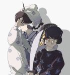  2boys animal_print bandana black_hair black_hat braid brown_eyes butterfly_print closed_mouth commentary_request cosplay_request drop_shadow empty_eyes eyeshadow facepaint frown hat hibiki_ryouga highres holding holding_sword holding_weapon luuxiriver makeup male_focus multiple_boys ranma_1/2 red_eyeshadow short_hair single_braid sword weapon white_hat yellow_bandana 