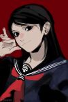  1girl artist_name black_eyes black_hair black_sailor_collar black_shirt blurry closed_mouth commentary depth_of_field english_commentary hair_behind_ear hand_up highres ink_(inkypyon) light_smile long_hair looking_at_viewer neckerchief nishida_rinko red_background red_neckerchief sailor_collar shirt silent_hill_(series) silent_hill_f simple_background solo twitter_username upper_body 