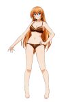  1girl absurdres blue_eyes blush bra breasts brown_bra brown_panties closed_mouth collarbone commentary_request frilled_bra frilled_panties frills full_body hand_on_own_hip highres long_hair looking_at_viewer lyrical_nanoha mahou_shoujo_lyrical_nanoha_strikers medium_breasts navel orange_hair oshimaru026 panties simple_background smile solo standing teana_lanster underwear white_background 